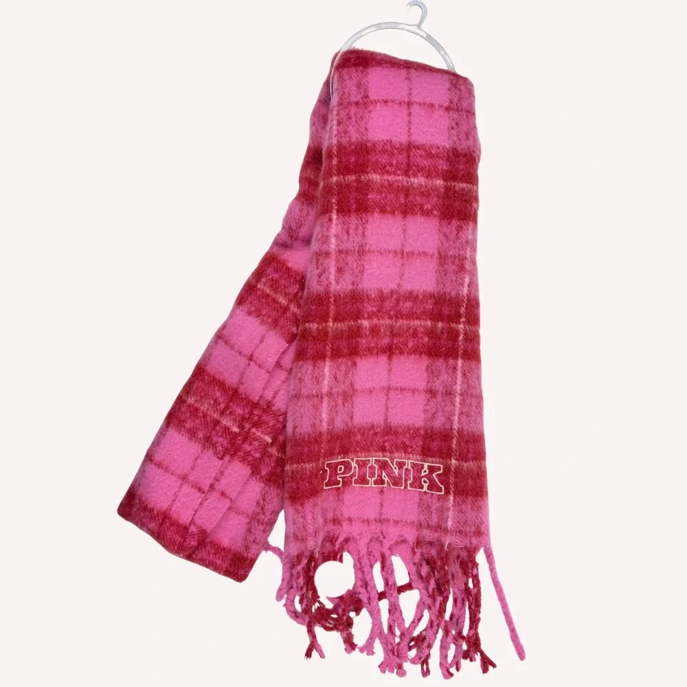 Victoria's Secret PINK Cozy Blanket Scarf Pink Red Plaid Fringe Winter Wrap NWT